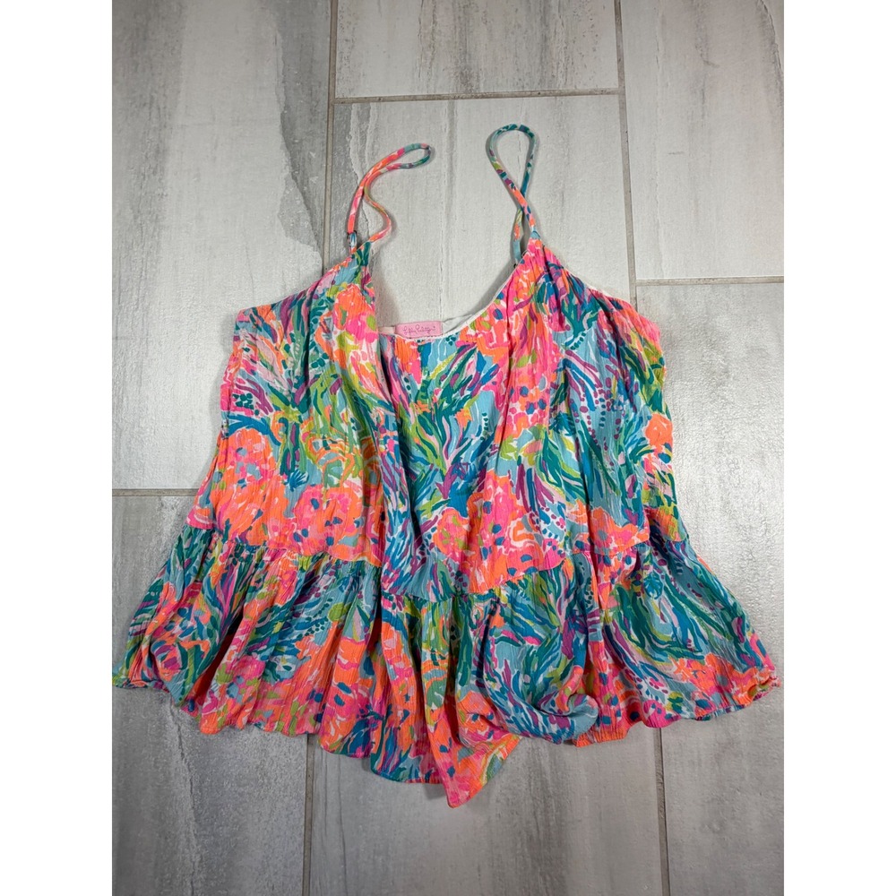 Lilly Pulitzer Women XL Tropical Floral Peplum Cami Top Multi-Color Rayon Lined